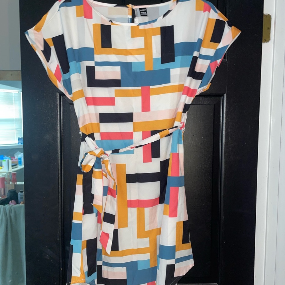 SHEIN White and Blue Asymmetrical Sundress with Dolman Cap Sleeves